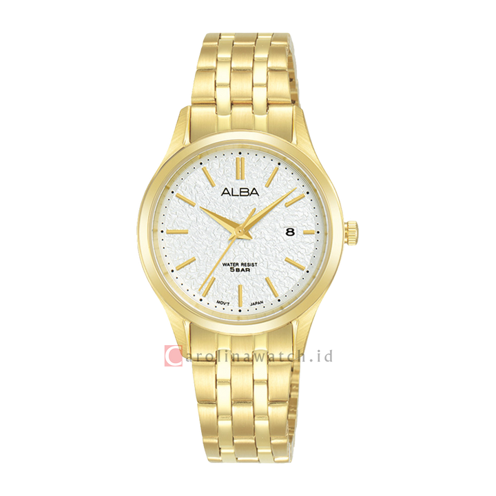Jam Tangan ALBA Prestige AH7BR4X1 Women Silver Patterned Dial Gold Stainless Steel Strap
