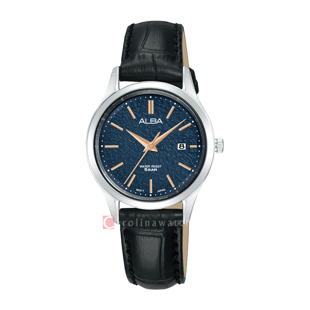Jam Tangan ALBA Prestige AH7BS9X1 Women Blue Patterned Dial Black Leather Strap