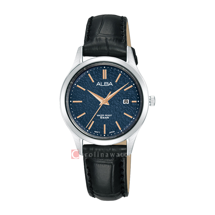 Jam Tangan ALBA Prestige AH7BS9X1 Women Blue Patterned Dial Black Leather Strap