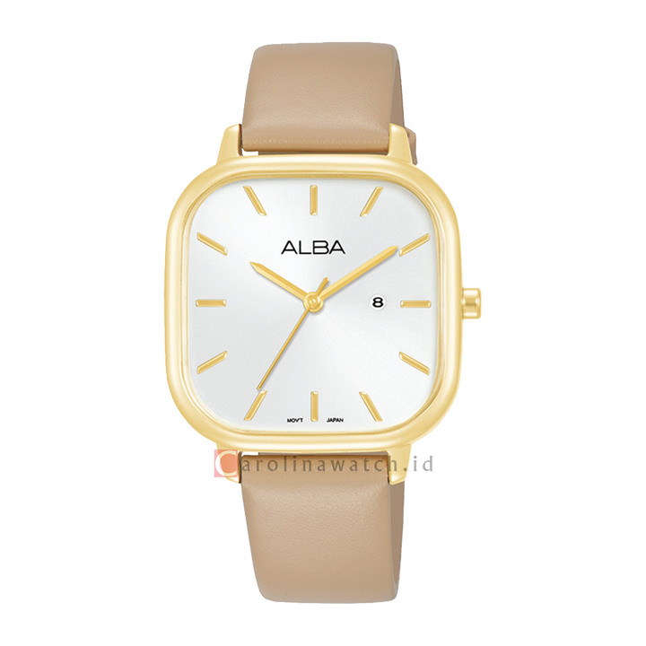 Jam Tangan ALBA Fashion AH7BZ6X1 Women Silver Dial Taupe Leather Strap