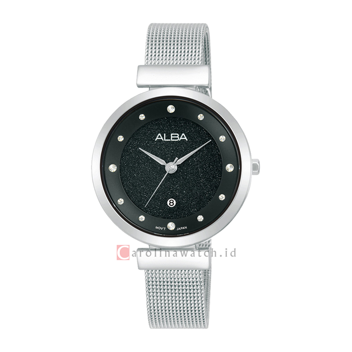 Jam Tangan ALBA Fashion AH7CA5X1 Women Black Patterned Dial Mesh Stainless Steel Strap