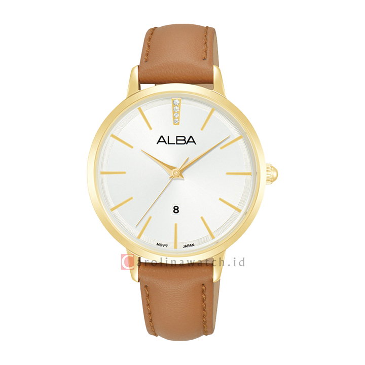 Jam Tangan ALBA Fashion AH7CD8X1 Women Silver Dial Light Brown Leather Strap