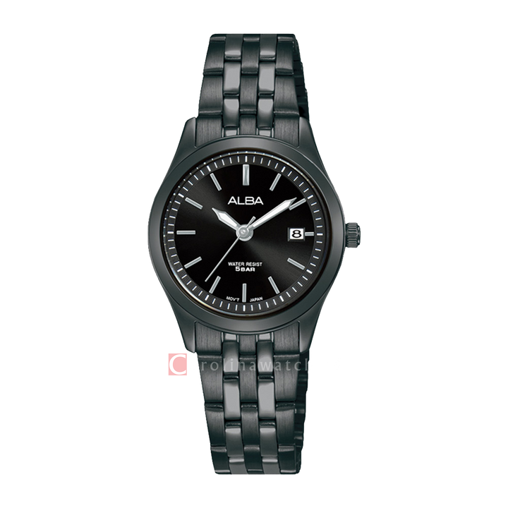 Jam Tangan ALBA Prestige AH7CE1X1 Women Black Dial Black Stainless Steel Strap