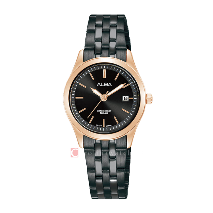 Jam Tangan ALBA Prestige AH7CE2X1 Women Black Dial Black Stainless Steel Strap