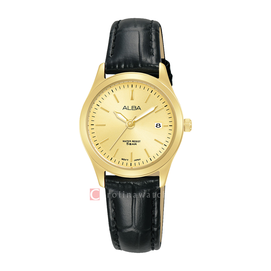 Jam Tangan ALBA Prestige AH7CG2X1 Women Gold Dial Black Leather Strap