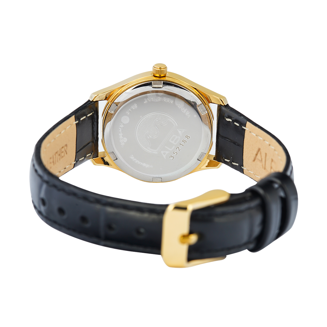 Jam Tangan ALBA Prestige AH7CG2X1 Women Gold Dial Black Leather Strap