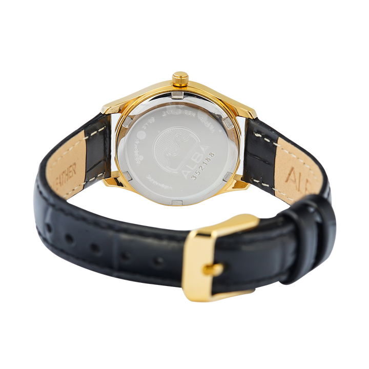 Jam Tangan ALBA Prestige AH7CG2X1 Women Gold Dial Black Leather Strap