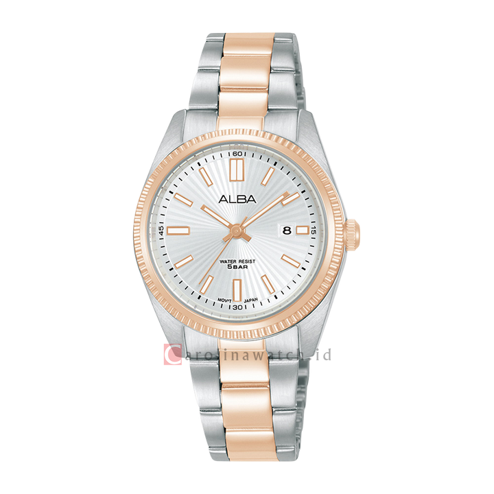 Jam Tangan ALBA Prestige AH7CK6X1 Women Silver White Patterned Dial Dual Tone Stainless Steel Strap