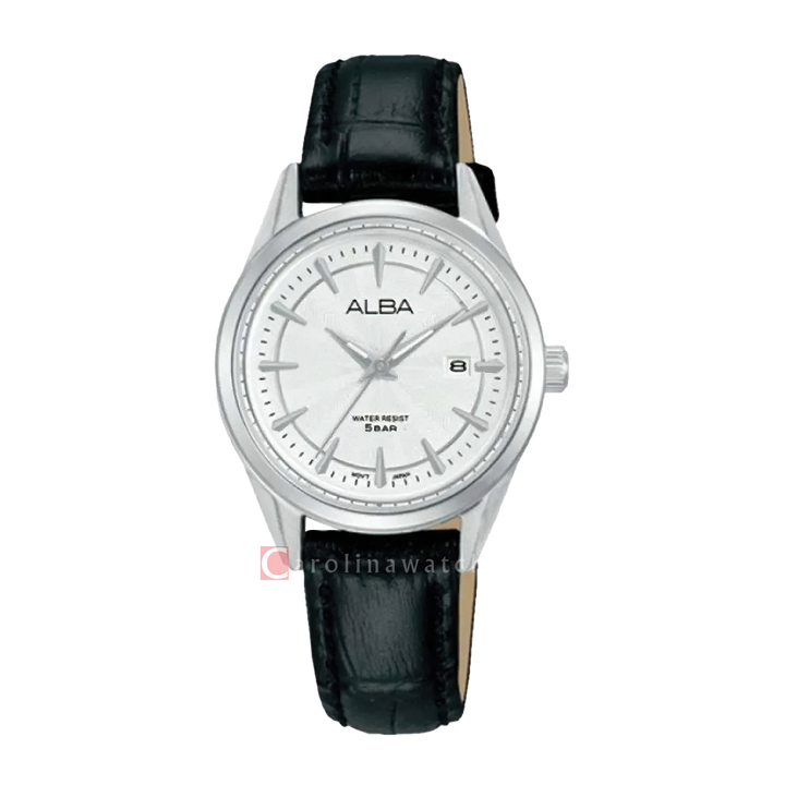 Jam Tangan ALBA Fashion AH7CW5X1 Women Silver White Patterned Dial Black Leather Strap