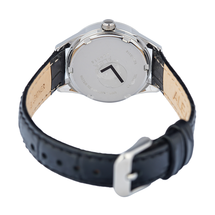 Jam Tangan ALBA Fashion AH7CW5X1 Women Silver White Patterned Dial Black Leather Strap