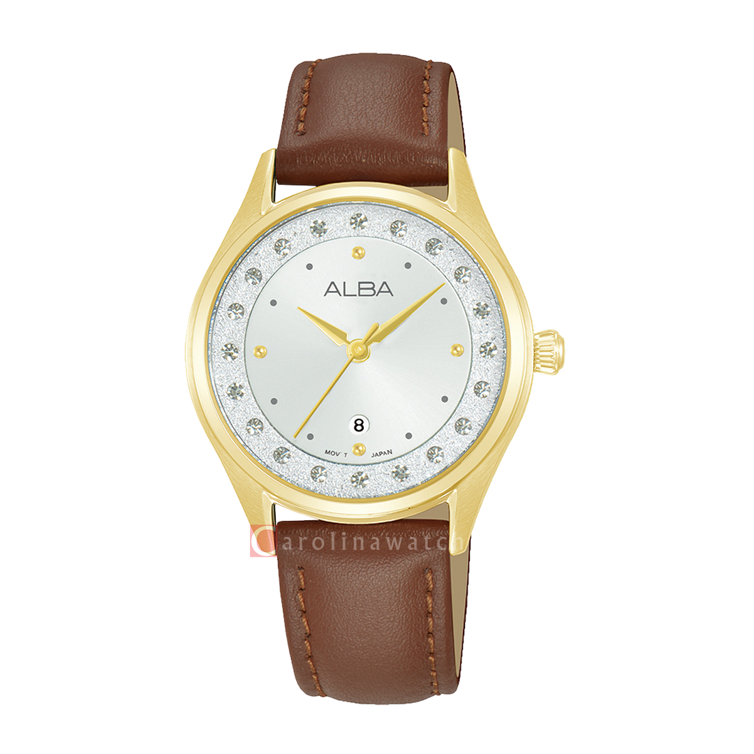 Jam Tangan ALBA AH7DZ8X1 Women Silver Dial Brown Leather Strap