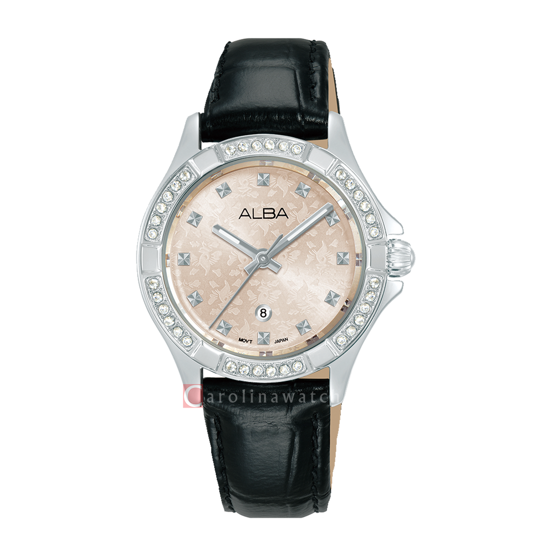 Jam Tangan ALBA Signa AH7EE5X1 Women Very Light Champagne Dial Black Leather Strap