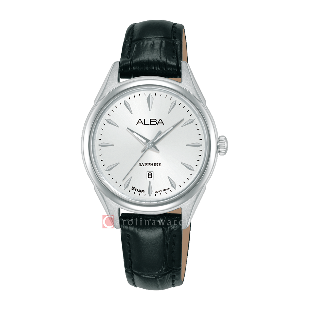 Jam Tangan AH7FC1X1 Women Silver White Dial Black Leather Strap
