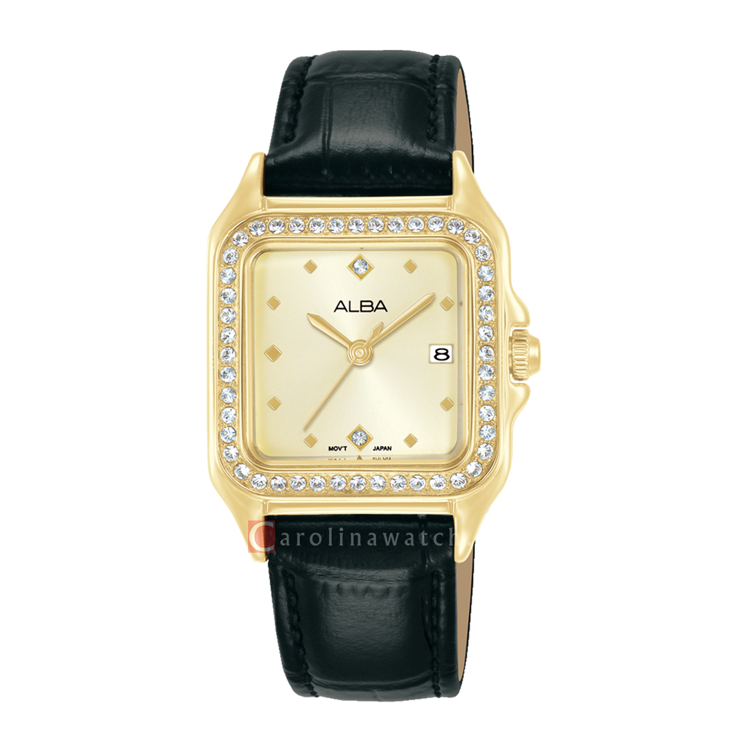 Jam Tangan Alba Fashion AH7FF2X1 Women  Light Champagne Dial Black Leather Strap