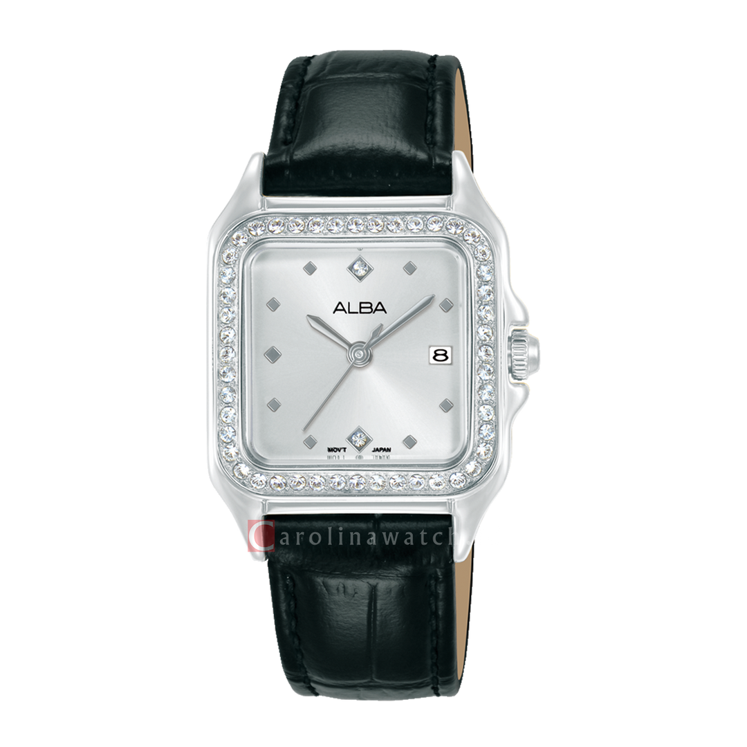 Jam Tangan Alba Fashion AH7FF3X1 Women Silver White Dial Black Leather Strap