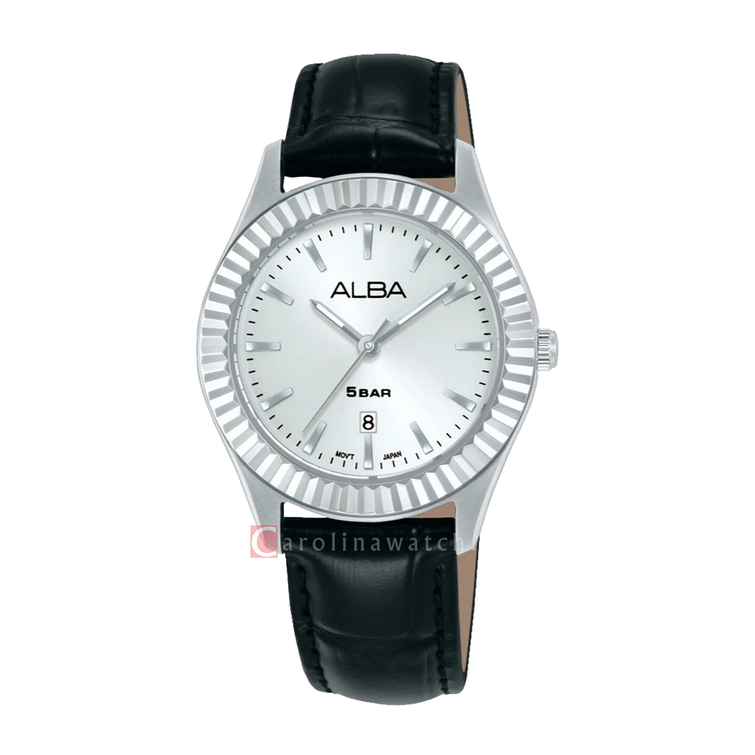 Jam Tangan Alba Fashion AH7FH1X1 Women Silver White Dial Black Leather Strap