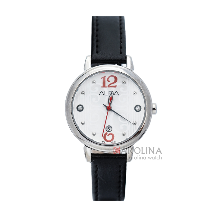 Jam Tangan ALBA AH7L65X1 Women White Pattern Dial Black Leather Strap