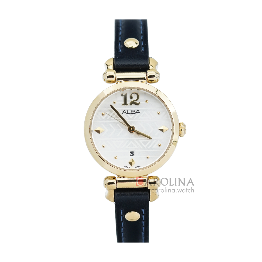 Jam Tangan ALBA AH7N62X1 Women Silver White Patterned Dial Blue Navy Leather Strap