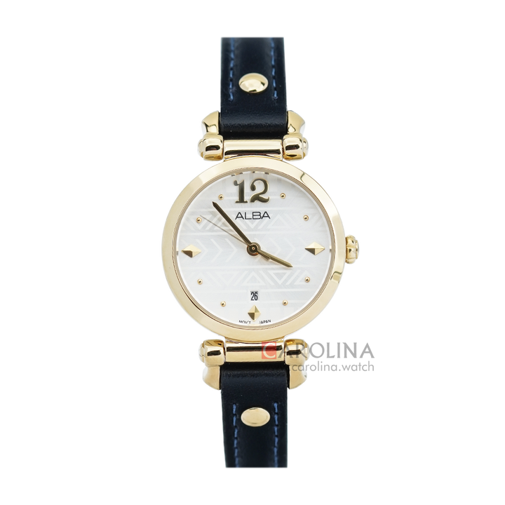 Jam Tangan ALBA AH7N62X1 Women Silver White Patterned Dial Blue Navy Leather Strap