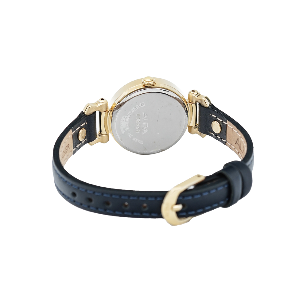 Jam Tangan ALBA AH7N62X1 Women Silver White Patterned Dial Blue Navy Leather Strap