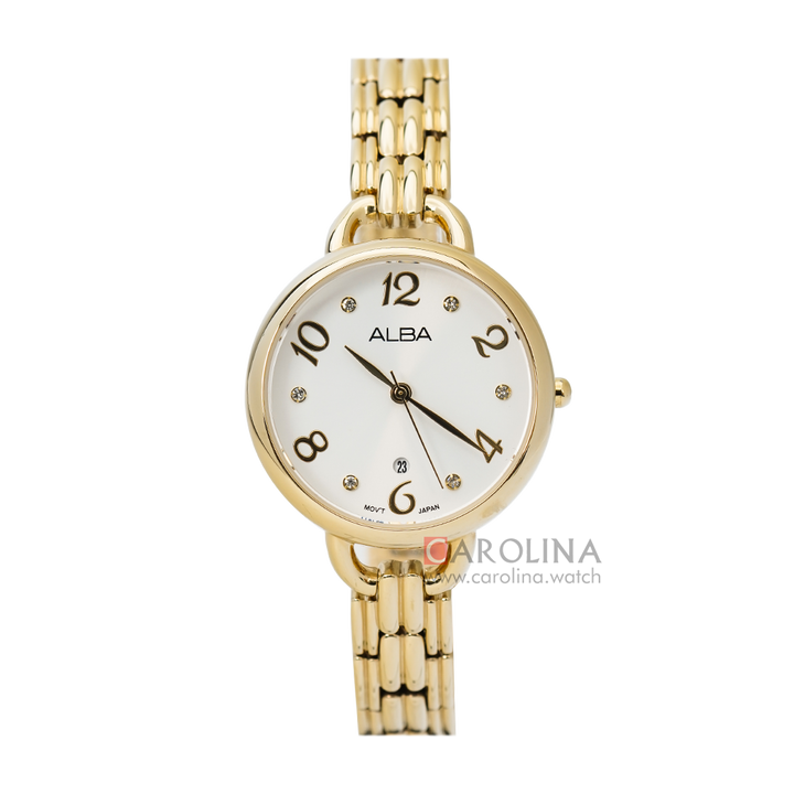 Jam Tangan ALBA Fashion AH7Q38X1 Women White Dial Gold Stainless Steel Strap