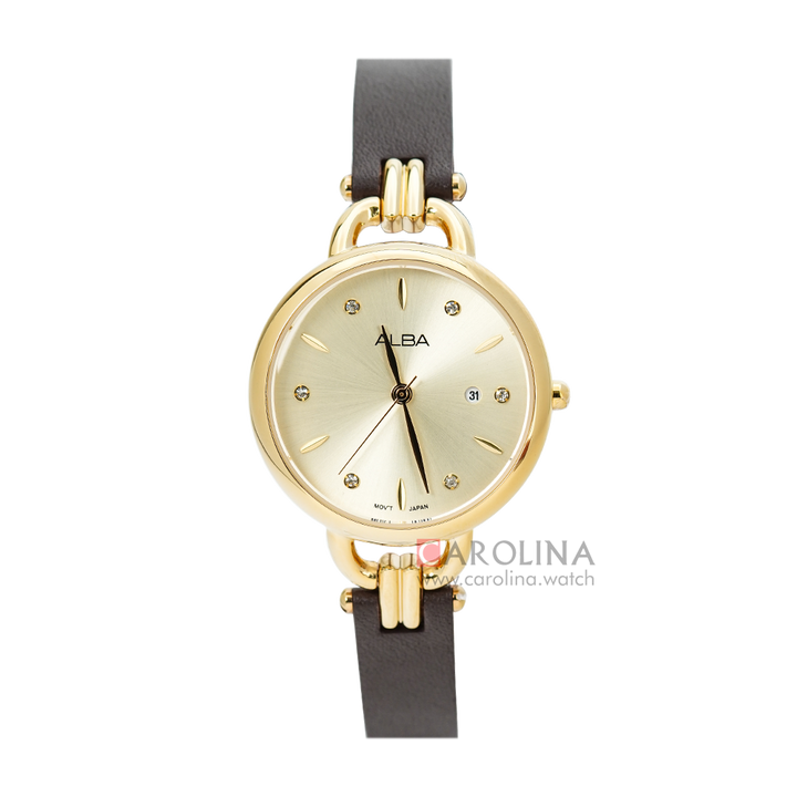 Jam Tangan ALBA AH7Q98X1 Women Gold Dial Black Leather Strap
