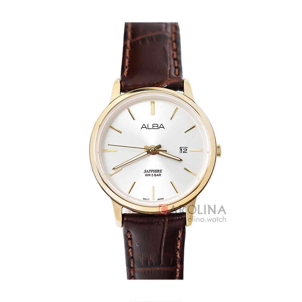 Jam Tangan ALBA Prestige AH7R58X1 Women Silver Dial Brown Leather Strap