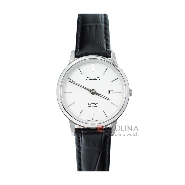 Jam Tangan ALBA Prestige AH7R61X1 Women Silver Dial Black Leather Strap