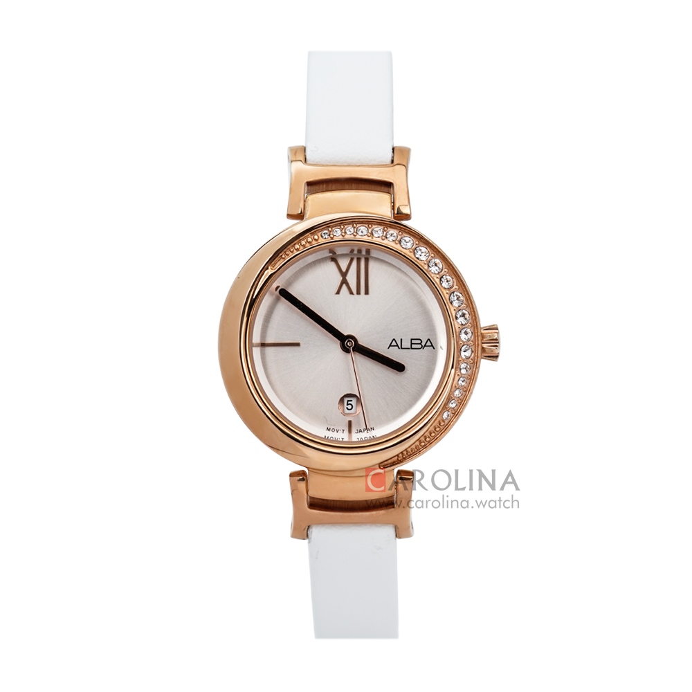 Jam Tangan ALBA Fashion AH7R84X1 Women Light Pink Dial White Leather Strap