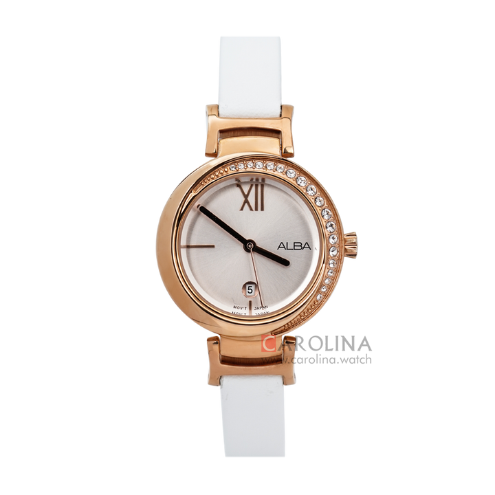 Jam Tangan ALBA Fashion AH7R84X1 Women Light Pink Dial White Leather Strap