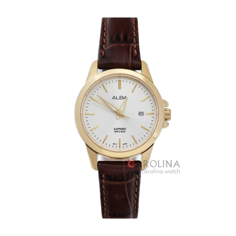 Jam Tangan ALBA Prestige AH7S50X1 Women Silver Dial Dark Brown Leather Strap