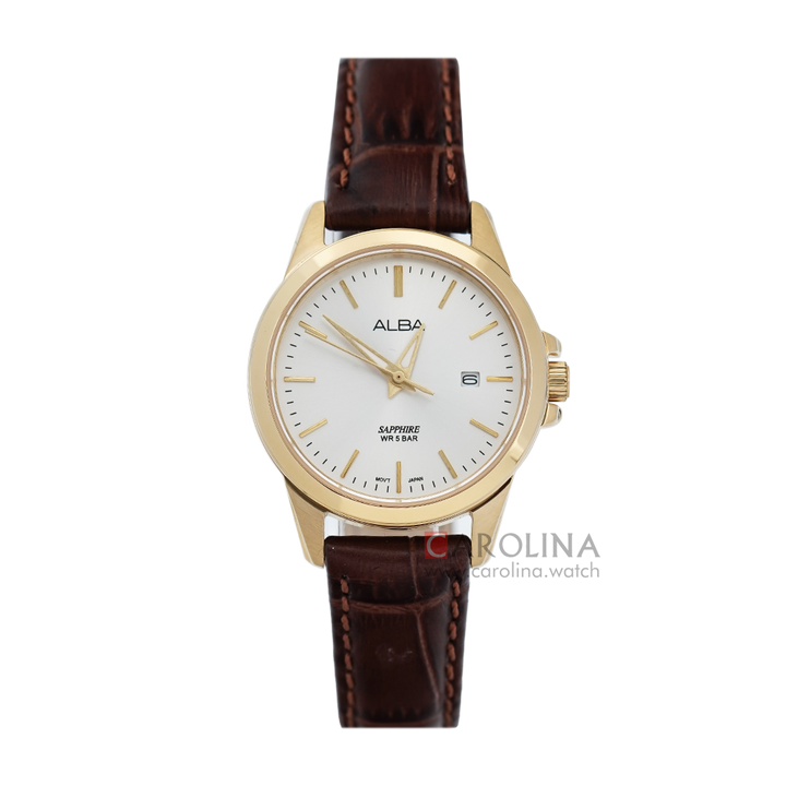 Jam Tangan ALBA Prestige AH7S50X1 Women Silver Dial Dark Brown Leather Strap