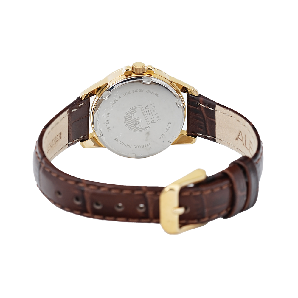 Jam Tangan ALBA Prestige AH7S50X1 Women Silver Dial Dark Brown Leather Strap
