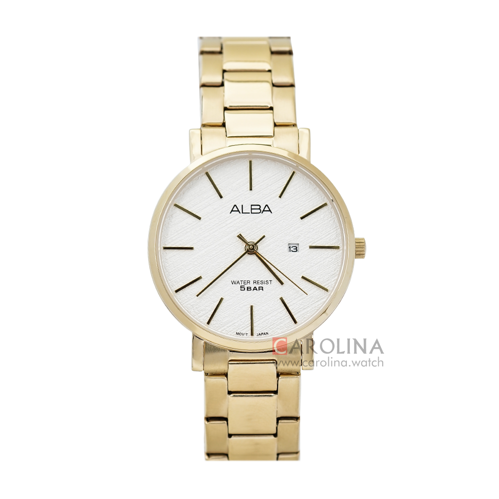 Jam Tangan ALBA Prestige AH7T60X1 Women White Pattern Dial Gold Stainless Steel Strap