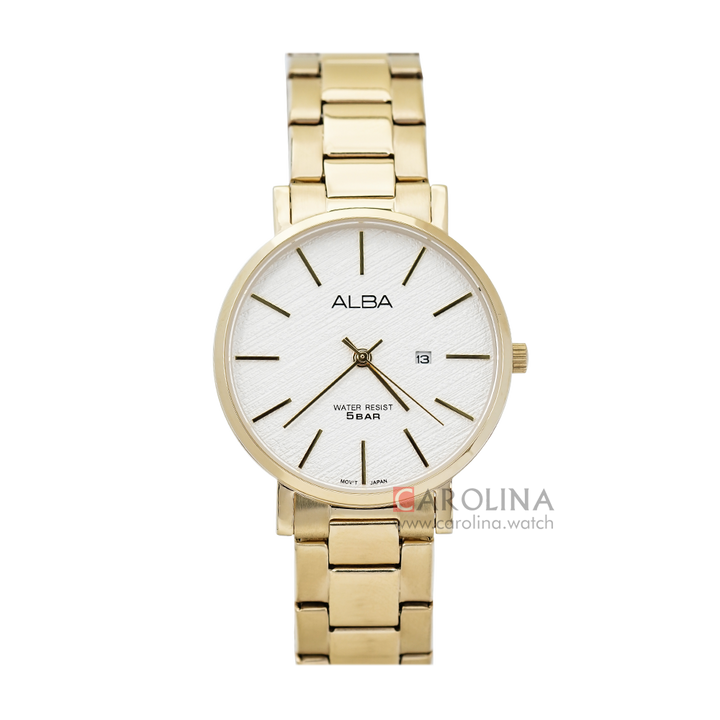 Jam Tangan ALBA Prestige AH7T60X1 Women White Pattern Dial Gold Stainless Steel Strap