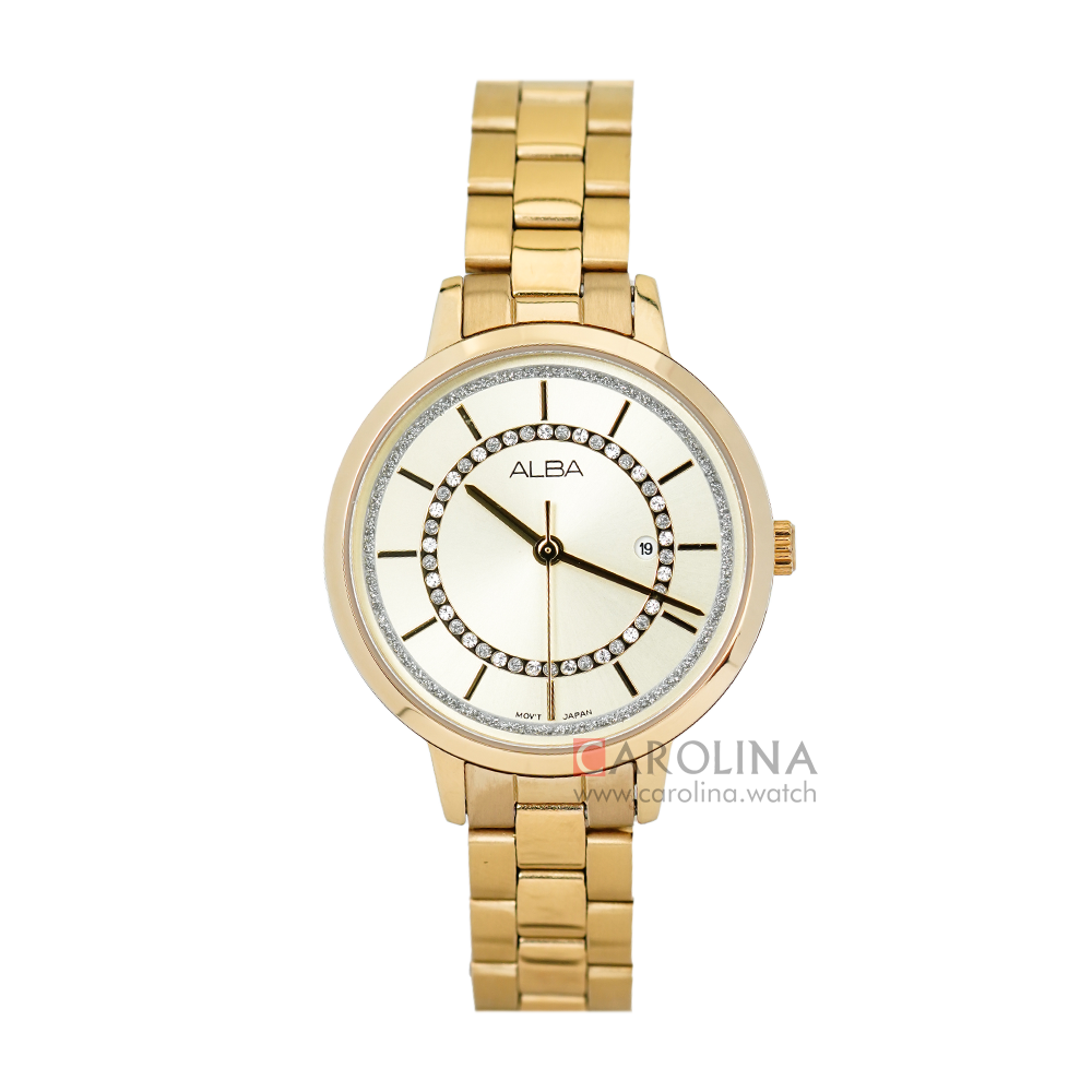 Jam Tangan ALBA Fashion AH7T90X1 Women Champagne Dial Gold Stainless Steel Strap