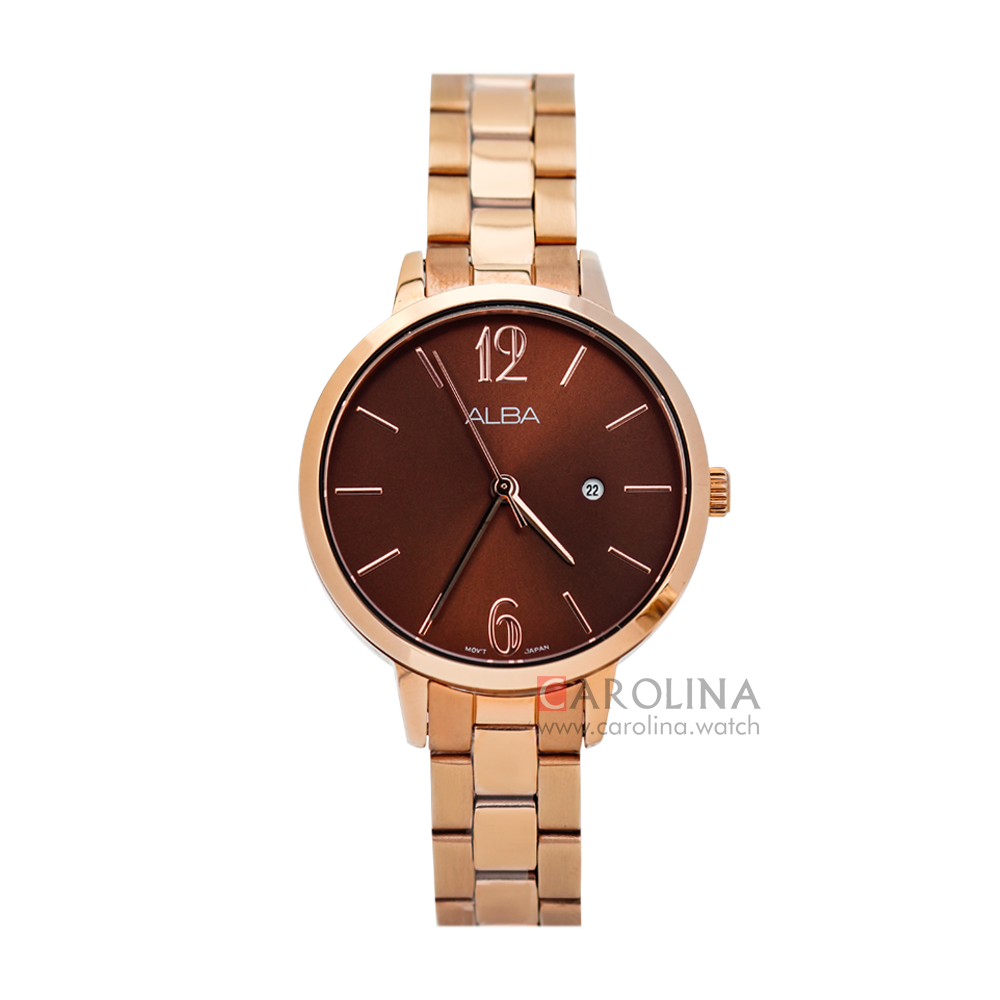 Jam Tangan ALBA Fashion AH7U02X1 Women Dark Brown Dial Rose Gold Stainless Steel Strap