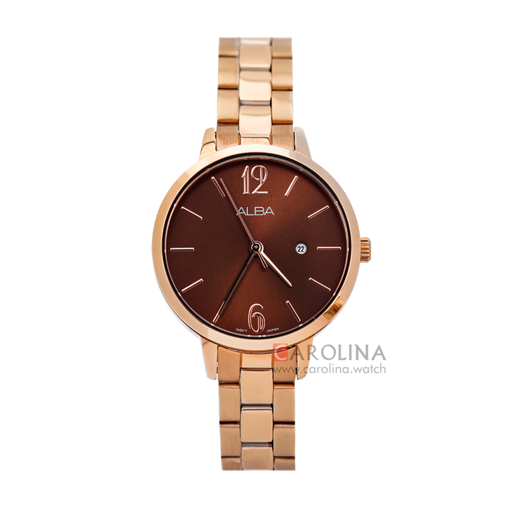 Jam Tangan ALBA Fashion AH7U02X1 Women Dark Brown Dial Rose Gold Stainless Steel Strap