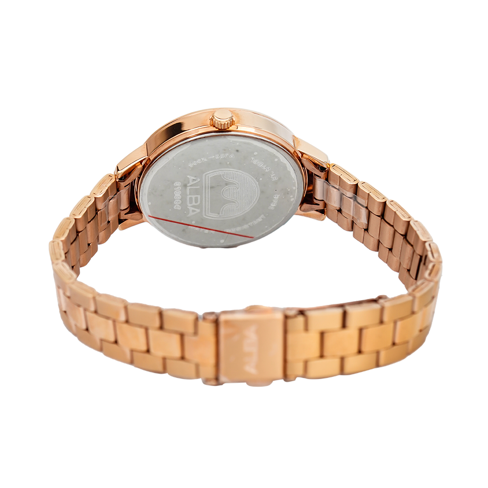 Jam Tangan ALBA Fashion AH7U02X1 Women Dark Brown Dial Rose Gold Stainless Steel Strap