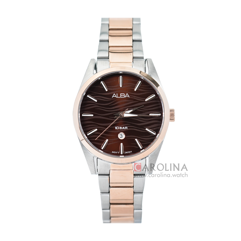 Jam Tangan ALBA Fashion AH7X64X1 Women Brown Pattern Dial Dual Tone Stainless Steel Strap