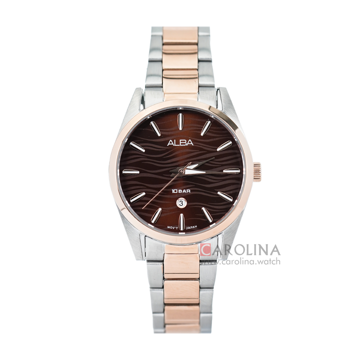 Jam Tangan ALBA Fashion AH7X64X1 Women Brown Pattern Dial Dual Tone Stainless Steel Strap