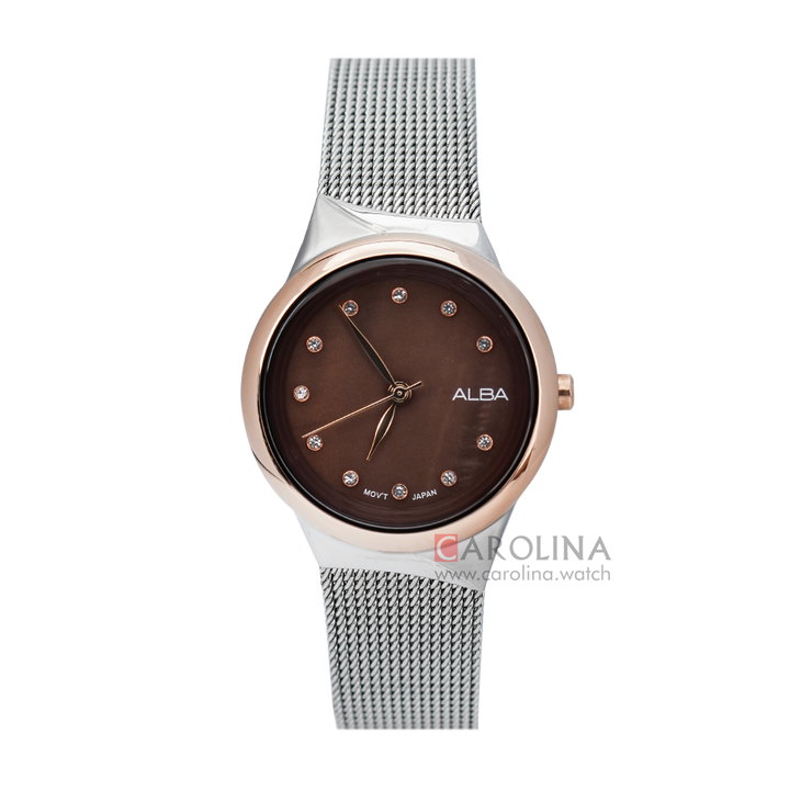 Jam Tangan ALBA Fashion AH8618X1 Women Brown Dial Mesh Stainless Steel Strap
