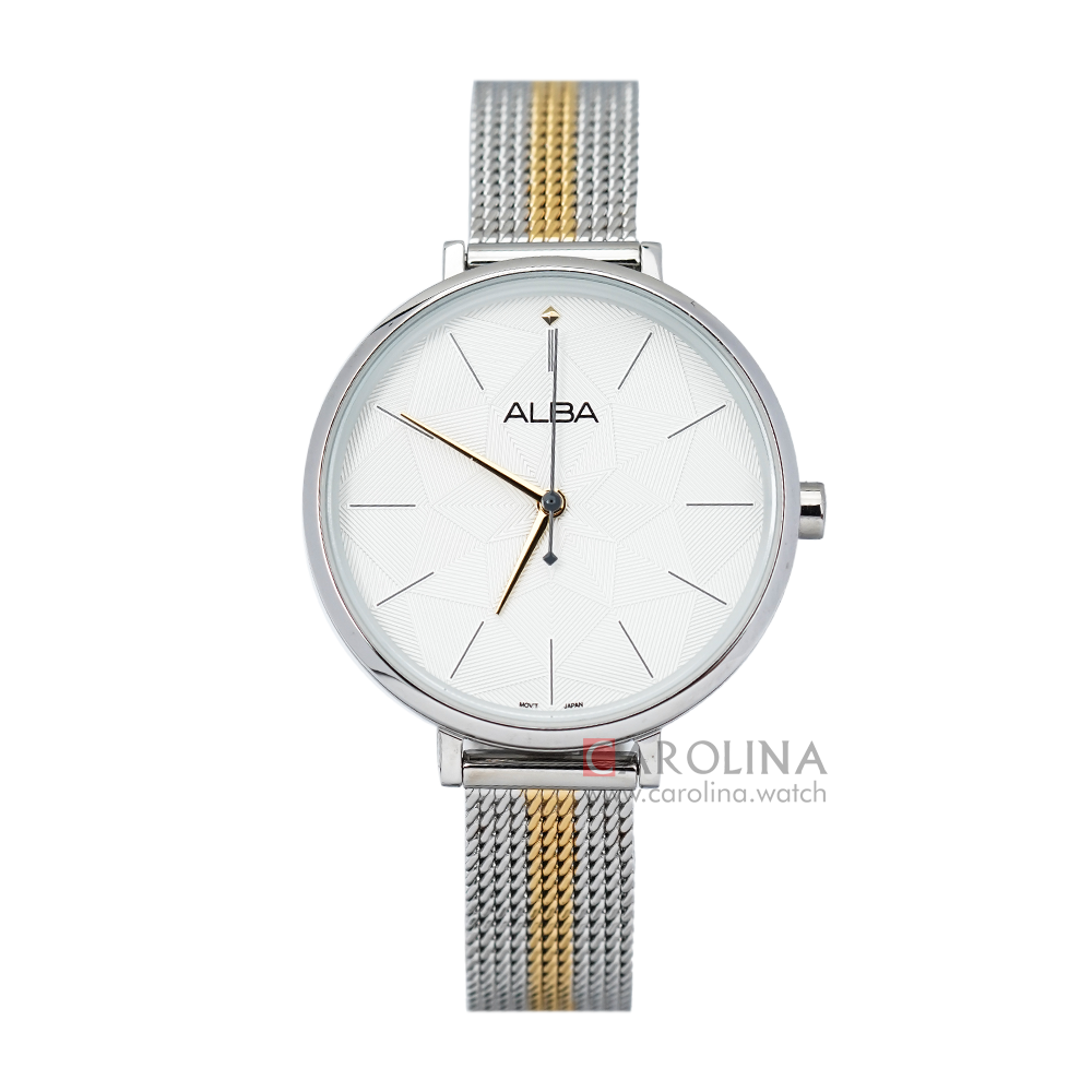 Jam Tangan ALBA Fashion AH8675X1 Women Silver Pattern Dial Dual Tone Mesh Stainless Steel Strap