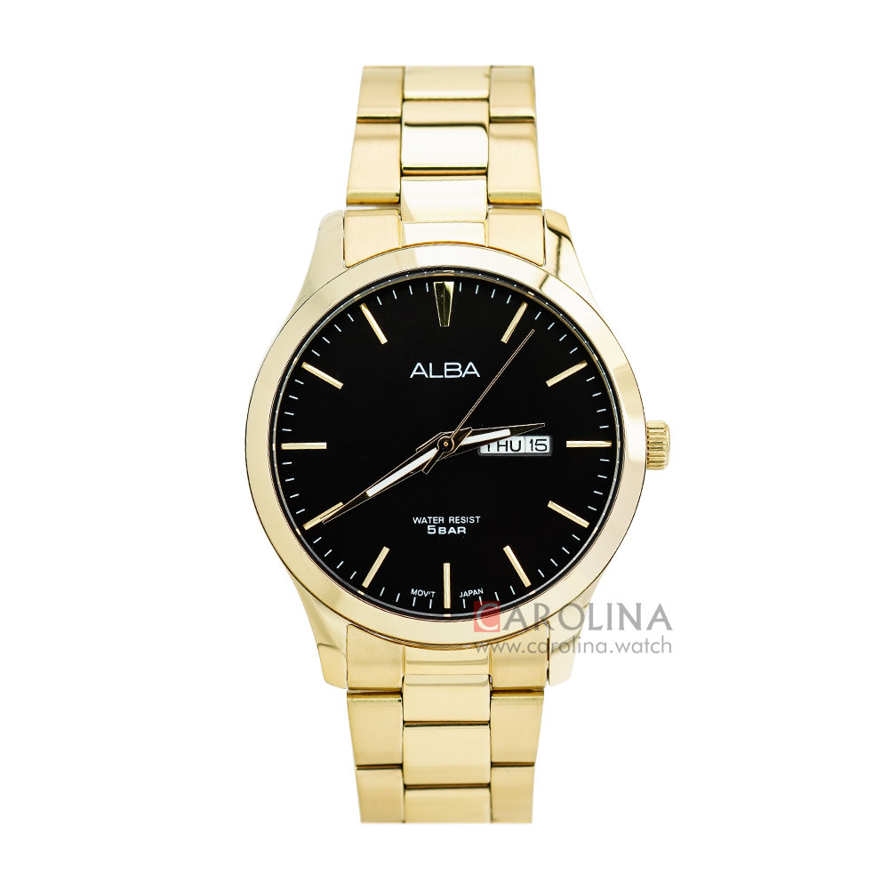 Jam Tangan ALBA Fashion AJ6130X1 Men Black Dial Gold Stainless Steel Strap