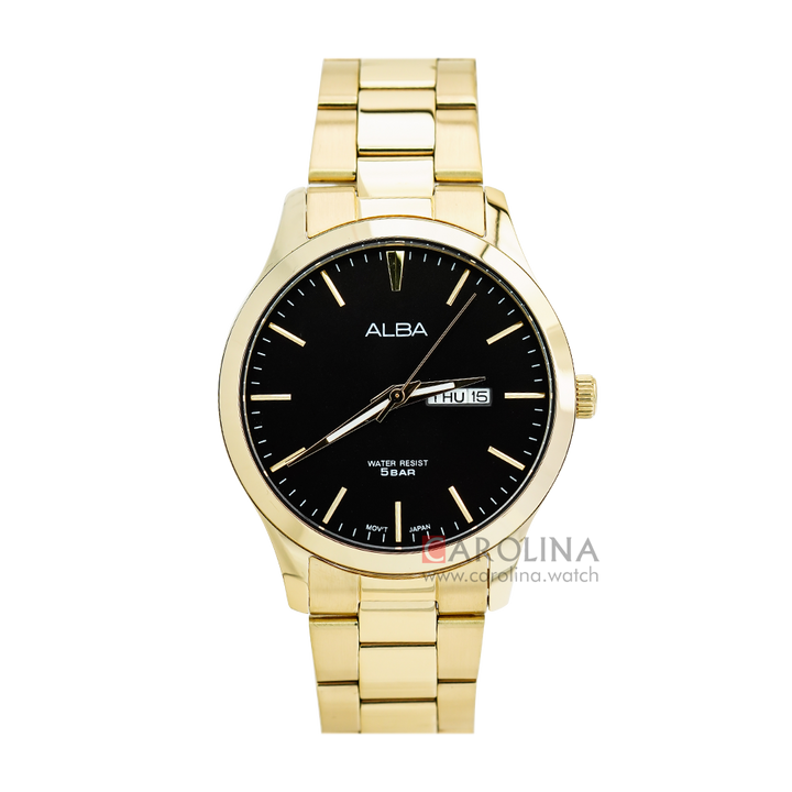 Jam Tangan ALBA Fashion AJ6130X1 Men Black Dial Gold Stainless Steel Strap