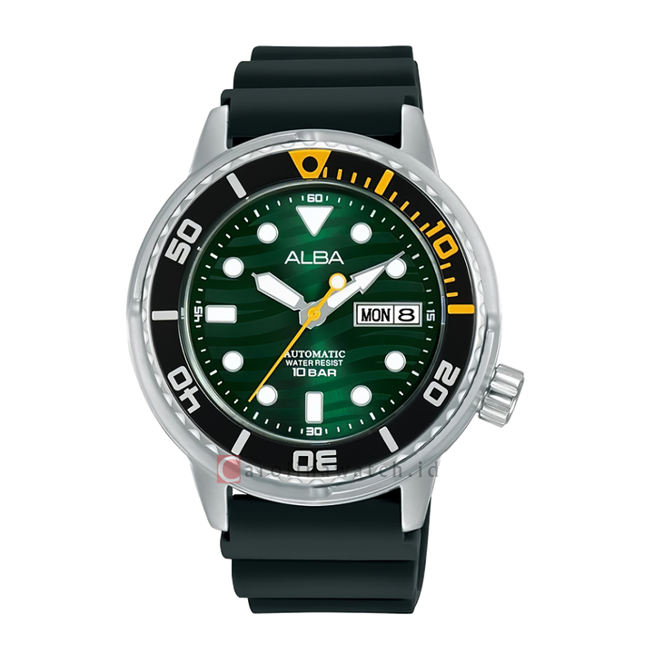 Jam Tangan ALBA AL4349X1 Men Automatic Green Patterned Dial Black Silicone Strap