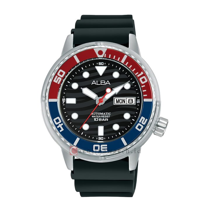 Jam Tangan ALBA AL4351X1 Men Automatic Black Patterned Dial Black Silicone Strap