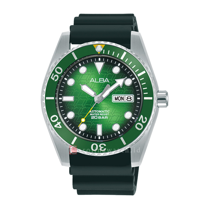 Jam Tangan ALBA Mechanical AL4441X1 Men Sunray Green Patterned Dial Black Rubber Strap