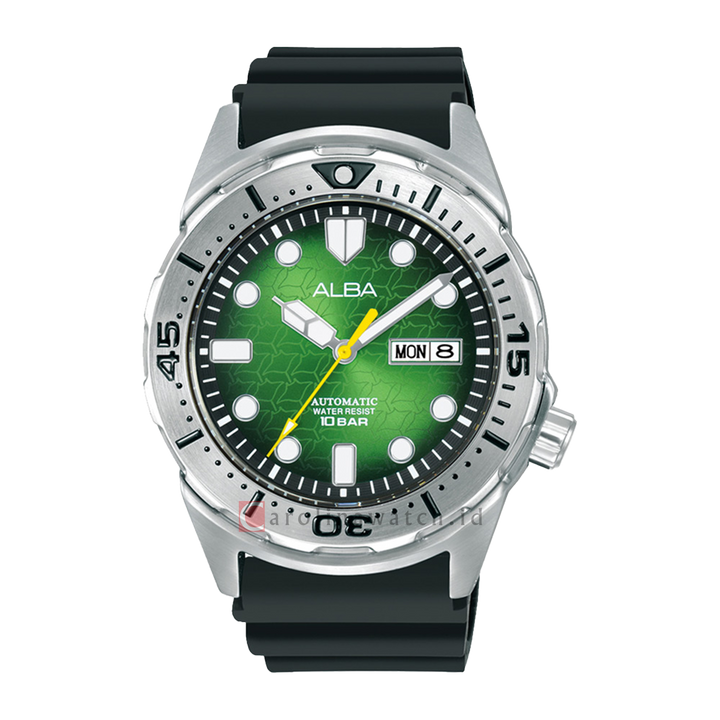 Jam Tangan ALBA Mechanical AL4447X1 Men Sunray Green Patterned Dial Black Rubber Strap