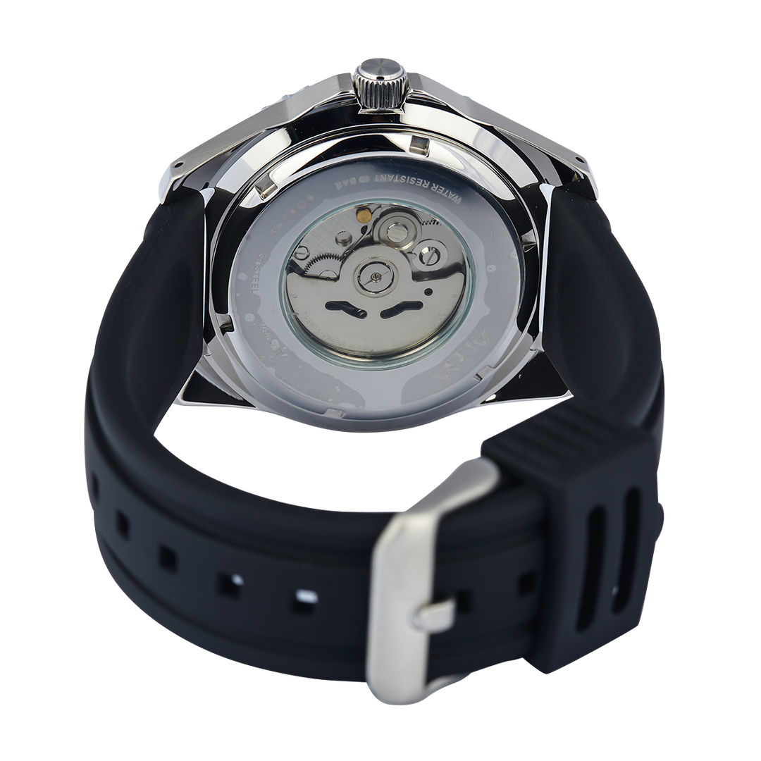 Jam Tangan ALBA Mechanical AL4585X1 Men Blue Patterned Dial Black Silicone Strap